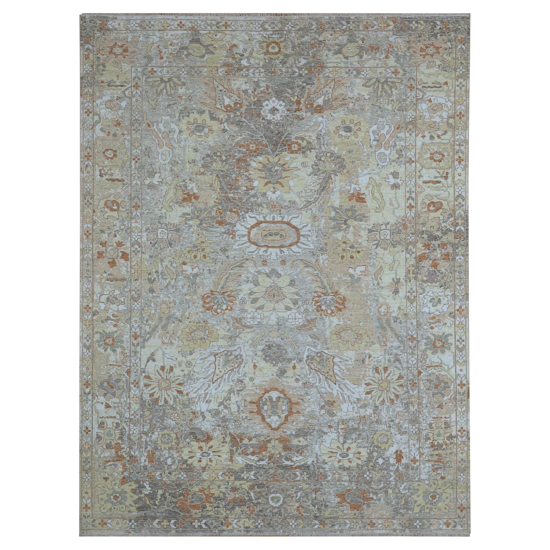 Spanish Gray with Beige, Broken and Erased Sultanabad Design, Zero Pile, 100% Wool, Hand Knotted, Oriental Rug